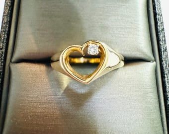 5g Solid 14k Yellow Gold Natural Brilliant Cut Diamond Heavy High Quality Vintage Estate Solitaire Statement Romantic Heart Ring Size 6.5
