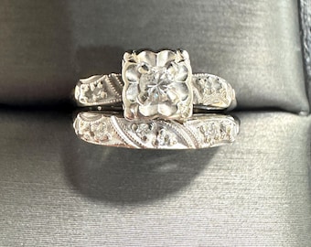 Vintage jaren 1940 natuurlijke diamant massief 14k witgoud midden van de eeuw illusie bruids set verlovingsring en bijpassende trouwring 3,8 g maat 5,75