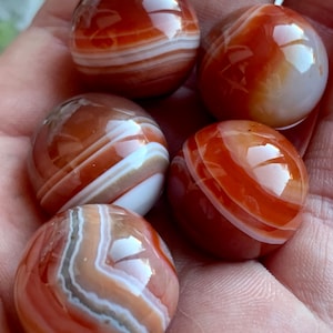 May include: Five carnelian agate spheres with white and orange banding. The spheres are smooth and polished.