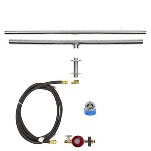 May include: A stainless steel gas fire pit kit with a 91.44 cm long burner, a black rubber hose, a gas regulator, and a valve.