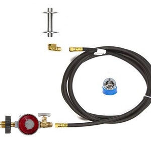 May include: A black hose with a brass connector and a red and silver gas regulator with a valve. The hose is coiled and there is a blue cap on the end of the hose.