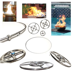 Puede incluir: Un conjunto de anillos de chimenea de acero inoxidable en varios tamaños. Los anillos están diseñados para ser utilizados con una línea de gas para crear una chimenea. Los anillos se muestran con llamas ardiendo en ellos.