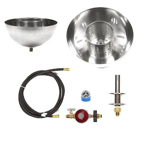 May include: A set of stainless steel parts for a gas fire pit. The set includes a bowl, a burner, a hose, a regulator, and a valve. The parts are all silver in colour.