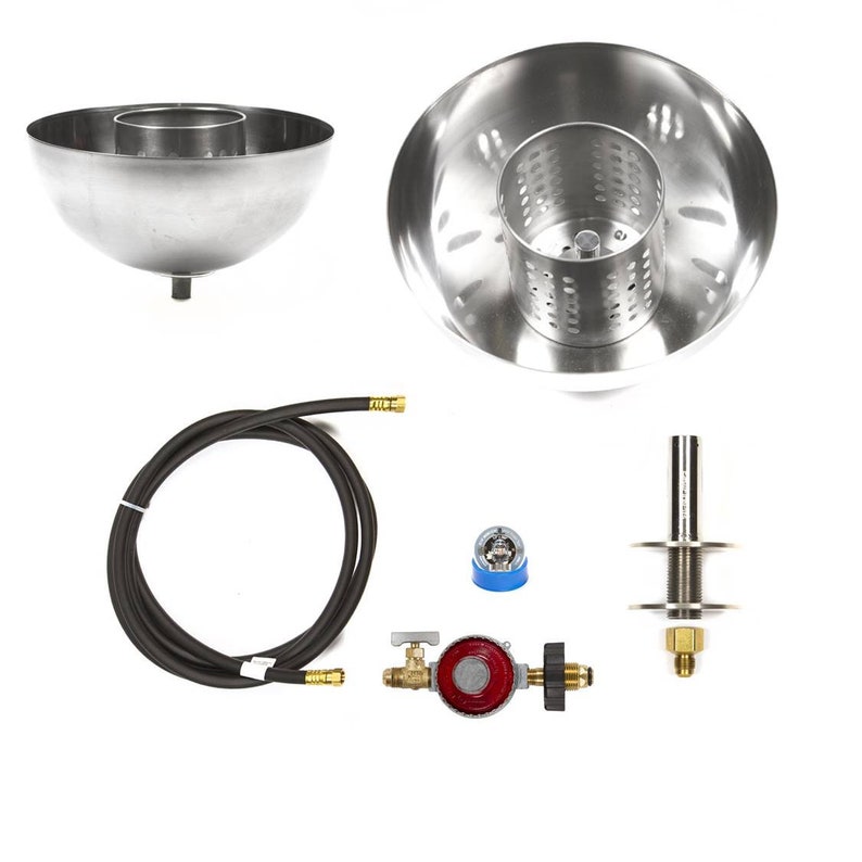 May include: A set of stainless steel parts for a gas fire pit. The set includes a bowl, a burner, a hose, a regulator, and a valve. The parts are all silver in colour.