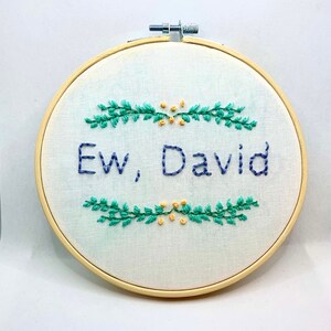 May include: Embroidered hoop featuring the text "Ew, David" in blue thread, surrounded by green leafy branches and yellow flower accents.