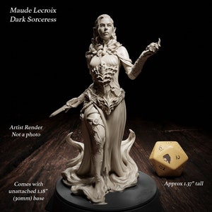 May include: A white painted resin figurine of a female elf sorceress with long flowing hair and a flowing robe. She is holding a small skull in her right hand and a dagger in her left hand. The figurine is approximately 1.37 inches tall and comes with a 1.18 inch base.