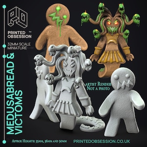 May include: Four 3D printed figurines, two are gray and two are brown. The brown figurines are a gingerbread person and a Medusa with snakes for hair. The gray figurines are a gingerbread person and a Medusa with snakes for hair. The text "MEDUSABREAD & VICTIMS" is on the left side of the image. The text "ARTIST RENDER NOT A PHOTO" is on the right side of the image. The text "APPROX HEIGHTS: 35MM, 36MM AND 50MM PRINTEDOBSESSION.CO.UK" is at the bottom of the image.