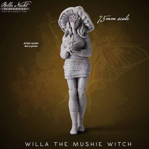 Willa Mushroom Witch | 75mm H | Bella Nacht Mini | Dungeons and Dragons | Tabletop Gaming | 3d printed mini | Halloween mini | Cute Witch