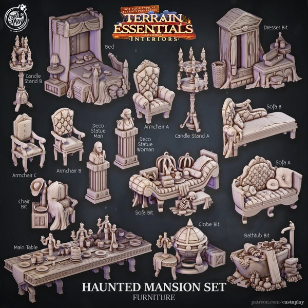 Haunted Mansion Furniture and bits | Cast N Play | Props | Interiors | Dungeons and Dragons | Tabletop gaming | Fantasy | 3d minis