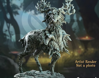 Könnte beinhalten: Detaillierte Skulptur einer hirschähnlichen Kreatur, "Gwynevel, First Daughter of Renmaeth", mit floralen Akzenten auf Geweih und Körper. Die Skulptur steht auf einer 50 mm Basis. Der Text "Artist Render Not a photo" ist enthalten.