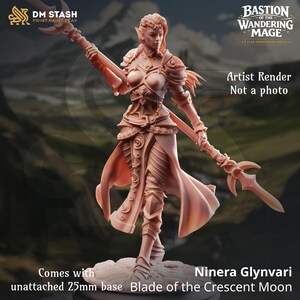 May include: A detailed, peach-colored figurine of Ninera Glynvari, a female elf warrior, holding a spear. The figure is wearing armor and a flowing cloak. The text "Artist Render Not a photo" is visible. The base is 25mm.