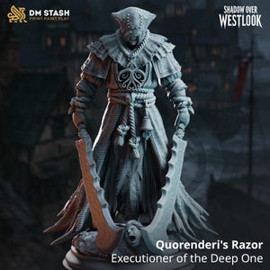 May include: A grey resin miniature figure of an executioner wearing a wide-brimmed hat, a textured collar, and a rope belt with a hanging bell. The figure holds two large, curved serrated blades and stands over a screaming face on the base.