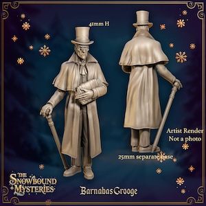 May include: A painted miniature figure of a man in a long coat and top hat, holding a walking stick and a book. The figure is 41 mm tall and is part of The Snowbound Mysteries game.