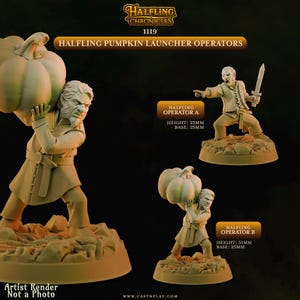 May include: Two beige miniature figurines titled Halfling Pumpkin Launcher Operators. Operator A stands on a 25mm base, 23mm tall, holding a sword. Operator B stands on a 25mm base, 31mm tall, carrying a large pumpkin. Both figures feature detailed clothing.