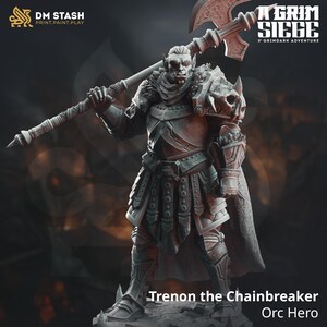 May include: A grey plastic miniature of an Orc warrior, wearing armor and holding a large axe. The miniature is posed in a fighting stance. The text "Trenon the Chainbreaker" and "Orc Hero" is printed below the miniature.