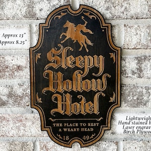 Sleepy Hollow Inn Hotel Sign | Headless Horseman | 13&quot; H x 8.5&quot; W x .25 (1/4&quot;) D |  Halloween | Thin perfect for hanging on drywall | Spooky