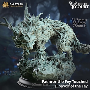 May include: A detailed, light green sculpture of a wolf-like creature, covered in leaves and vines. The sculpture is labeled "Faenror the Fey Touched, Direwolf of the Fey" and measures approximately 3.3 inches high, 3.5 inches wide, and 3 inches deep. The base is 2 inches.