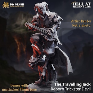 May include: A detailed artist render of "The Travelling Jack, Reborn Trickster Devil" miniature figure. The figure is playing a stringed instrument and is perched atop a gargoyle. The figure comes with an unattached 25mm base. The text "Artist Render, Not a photo" is visible.