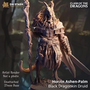 Black Dragonborn Druid Horzin Ashen-Palm | Clash of Dragons | DM Stash | D&D | Tabletop Gaming Miniatures | Fantasy Gaming | 3d printed mini