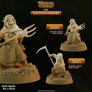May include: Two beige miniature figurines titled Halfling Farmers. Halfling Farmer B holds a pitchfork, measuring 22mm in height with a 25mm base. Halfling Farmer A holds a scythe, measuring 29mm in height with a 25mm base. Both stand on rocky bases.