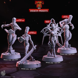 May include: A collection of gray Demon Priests figurines. The figures include a Priest with a book, a Priest with a sword, a Mother Priest, and a Far Seer Priest. Each figure has a unique design and stands on a base. The text "Demon's Gate 951 Demon Priests" is at the top.