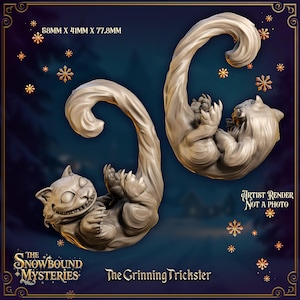 May include: Two gray, stylized cat figurines, each with a long, curved tail. The cats are in a playful pose, with one on its back and the other on its belly. The dimensions are 2.28 inches x 1.61 inches x 3.06 inches. Text reads "The Snowbound Mysteries" and "The Grinning Trickster."