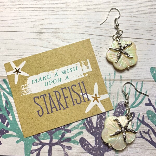 Silver plated sea star charms and flower carved shell bead earrings, stainless steel  - handmade, great gift, aquarist gift. Starfish