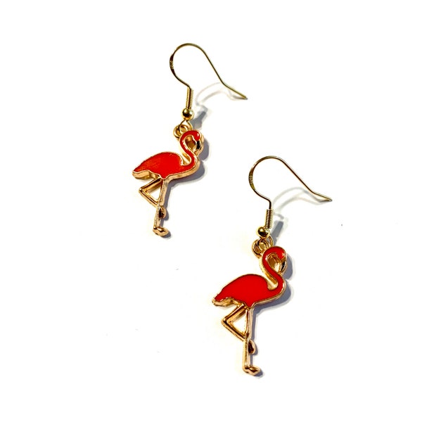 Flamingo earrings - handmade jewelry, enamel & metal charm on gold plated earrings. Flaming gift, aviculturist gift