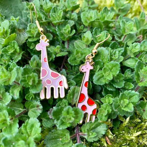 Pink Giraffe earrings - handmade jewelry, enamel & metal charm on gold plated earrings. Giraffe gift, zookeeper earrings, zookeeper gift