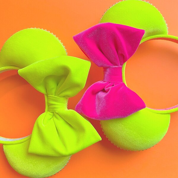 Neon Velvet Minnie Mouse Ears | Yellow Minnie Ears | Neon Pink Velvet Mickey Ears