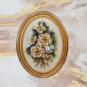 Handmade Capodimonte Style Porcelain Flower Bouquet in Oval Frame Wall Plaque