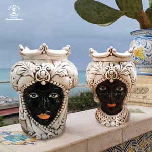 CALTAGIRONE: Sicilian Moorish Head Vase - Woman with Pink Turban + Lem 