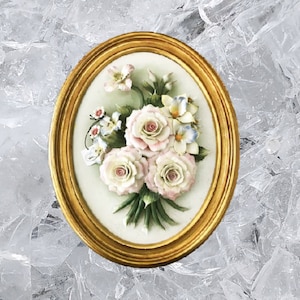Handmade Capodimonte Style Porcelain Flower Bouquet in Oval Frame Wall Plaque