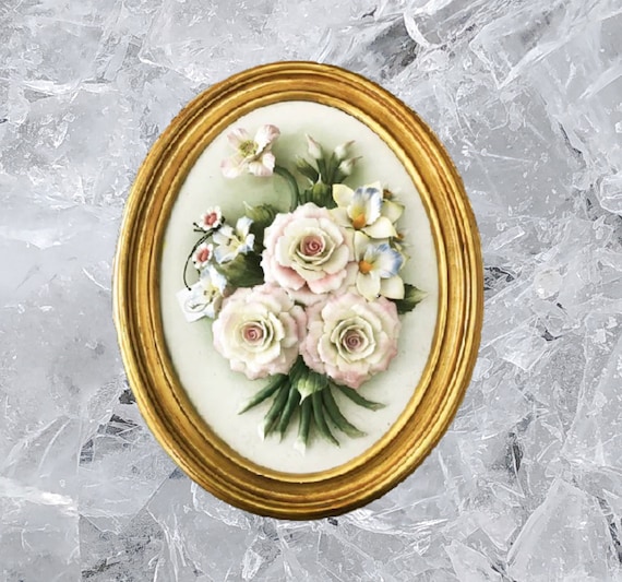 Handmade Capodimonte Style Porcelain Flower Bouquet in Oval Frame