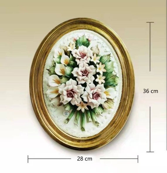 Handmade Capodimonte Style Porcelain Flower Bouquet in Oval Frame