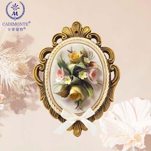Handmade  Porcelain Rose Bouquet in Oval Frame Wall Flower Plaque Capodimonte Style