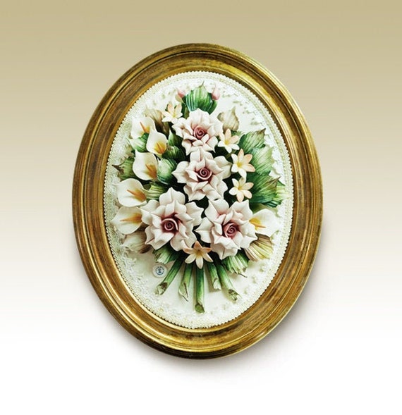 Handmade Capodimonte Style Porcelain Flower Bouquet in Oval Frame