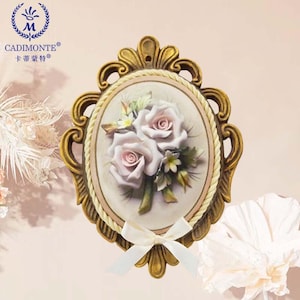 Handmade  Porcelain Rose Bouquet in Oval Frame Wall Flower Plaque Capodimonte Style