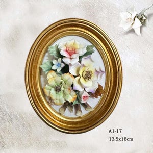 Handmade Capodimonte Style Porcelain Flower Bouquet in Oval Frame Wall Plaque