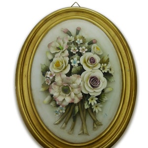 Handmade Capodimonte Style Porcelain Flower Bouquet in Oval Frame Wall Plaque