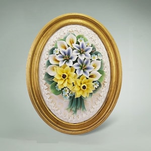 Handmade Capodimonte Style Porcelain Flower Bouquet in Oval Frame Wall Plaque