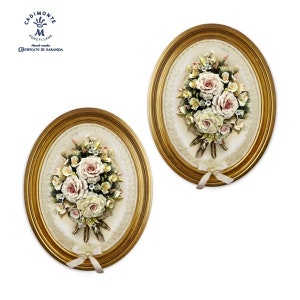Pair of Beautiful Symmetrical Handmade Capodimonte Style Porcelain Flower Bouquet in Oval Frame Wall Plaque