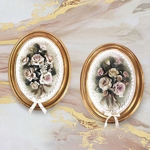 Handmade Capodimonte Style Porcelain Flower Bouquet in Oval Frame Wall Plaque