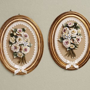 Pair of Beautiful Symmetrical Handmade Capodimonte Style Porcelain Flower Bouquet in Oval Frame Wall Plaque