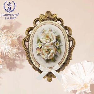 Handmade  Capodimonte Style Porcelain Rose Bouquet in Oval Frame Wall Flower Plaque