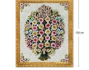 Handmade Capodimonte Style Flower Bouquet in Rectangle Golden European Vintage Style  Frame