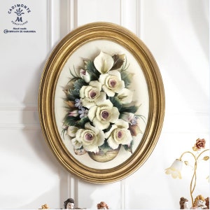 Handmade Capodimonte Style Porcelain Flower Bouquet in Oval Frame Wall Plaque