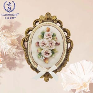 Handmade  Porcelain Rose Bouquet in Oval Frame Wall Flower Plaque Capodimonte Style