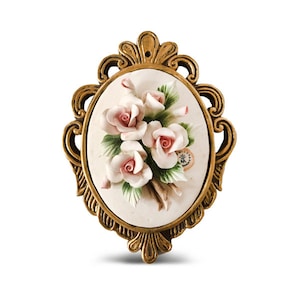 Handmade  Capodimonte Style Porcelain Rose Bouquet in Oval Frame Wall Flower Plaque  - Three Roses