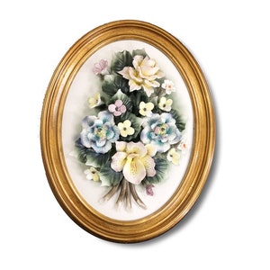 Handmade Capodimonte Style Porcelain Flower Bouquet in Oval Frame Wall Plaque
